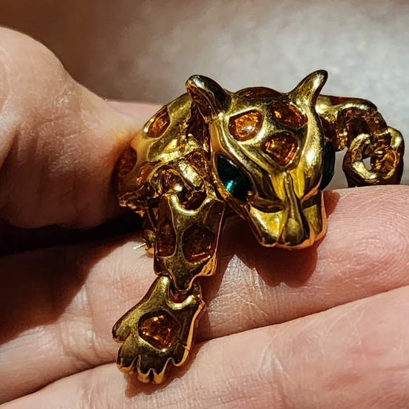 Vintage Leopard Pin Articulated Shoulder Pet Green Rhinestone Eyes - Picture 6 of 13